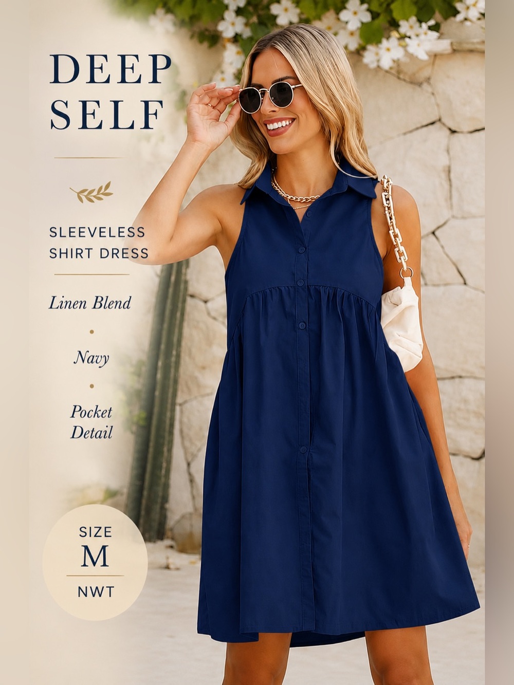 Deep Self Sleeveless Button Front Shirt Dress Navy Linen Blend Size M